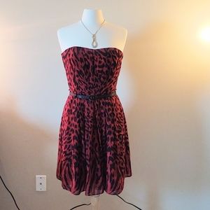 Red animal print strapless cocktail dress